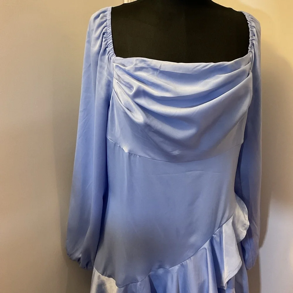 SHEIN Baby Blue Asymmetrical Balloon Sleeve Dress L Large Ruffle Square Neck - Picture 3 of 10